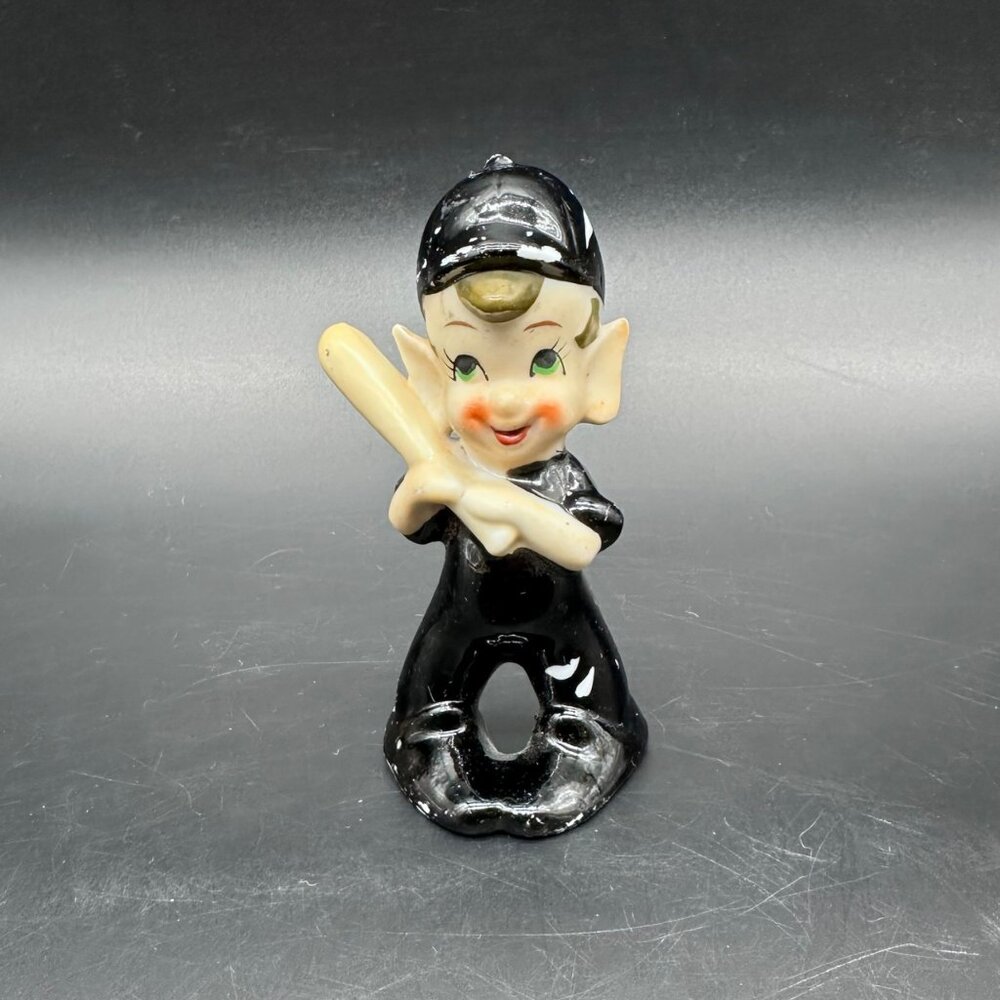 Elf Pixie Baseball Player Figurine Mid Century Japan Black Uniform Kitsch Vtg
